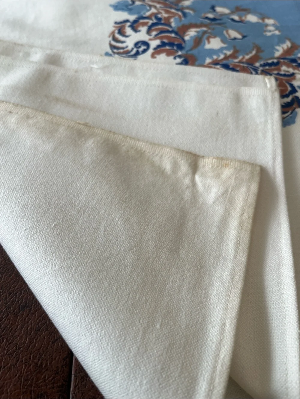 Vintage Blue and Cream Floral Border Tablecloth, approx 59”x79”